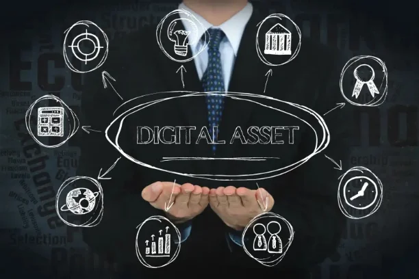 Businessman holding digital asset icons representing online accounts and estate planning.