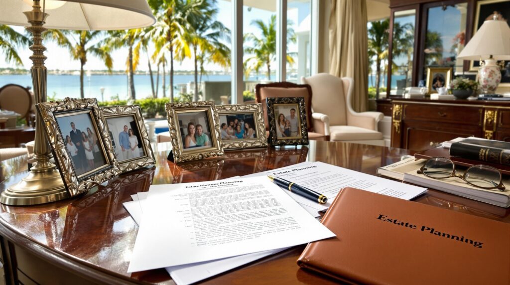 Estate planning documents on table with family photos in Florida home