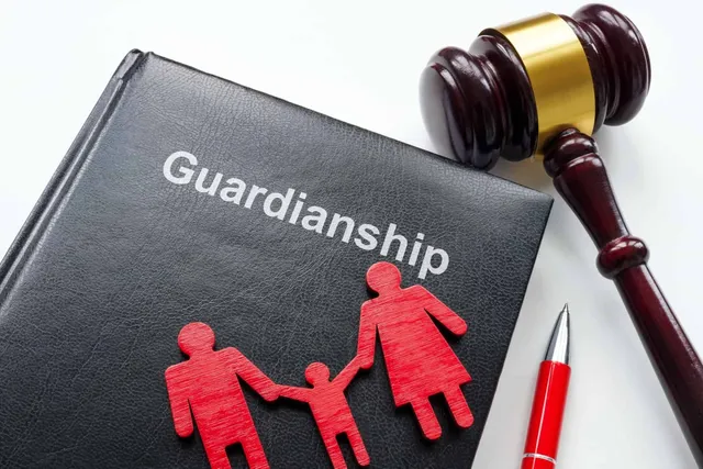 Guardianship legal book with family figures, gavel, and pen symbolizing legal planning.